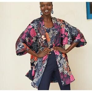 Chicos Midnight Floral Satin Long Kimono Size Small/Medium Navy Pink